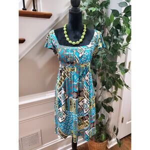 Suzi Chin Women's Multicolor Square Neck Short Sleeve Knee Length Dress Size 8